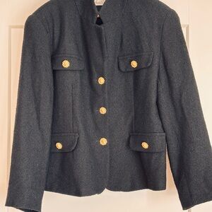 Womens Black Wool-Blend Vintage Button Jacket